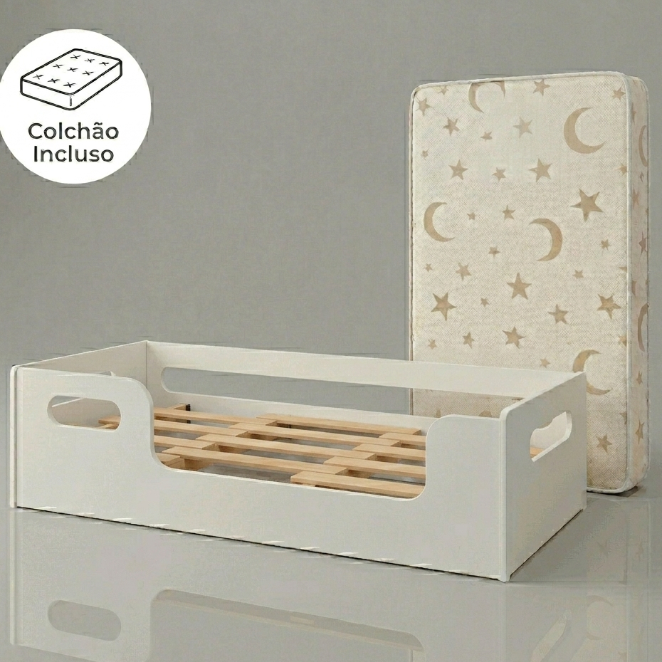 Mini Cama Infantil Branca Montessoriana MDF Com Colchão D18 Incluso- Menino Menina-Grade de Proteção