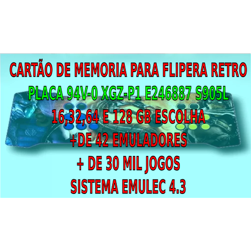 CARTÃO RETRO GAMER FLIPERAMA PORTATIL PLACA 94V-0 XZG-P1 E246887 + EMULEC 4.3 + 42 EMU + 30 MIL J