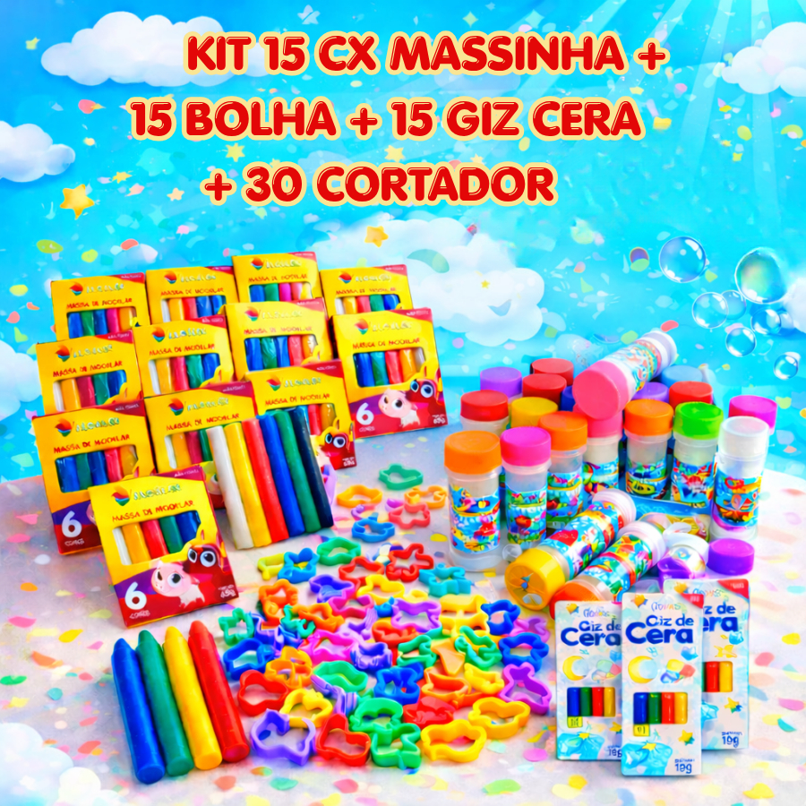 Kit 15 Massinha de Modelar + 15 Mini Giz de Cera + 15 Bolha de Sabão  + 30 Cortadores de Massinha
