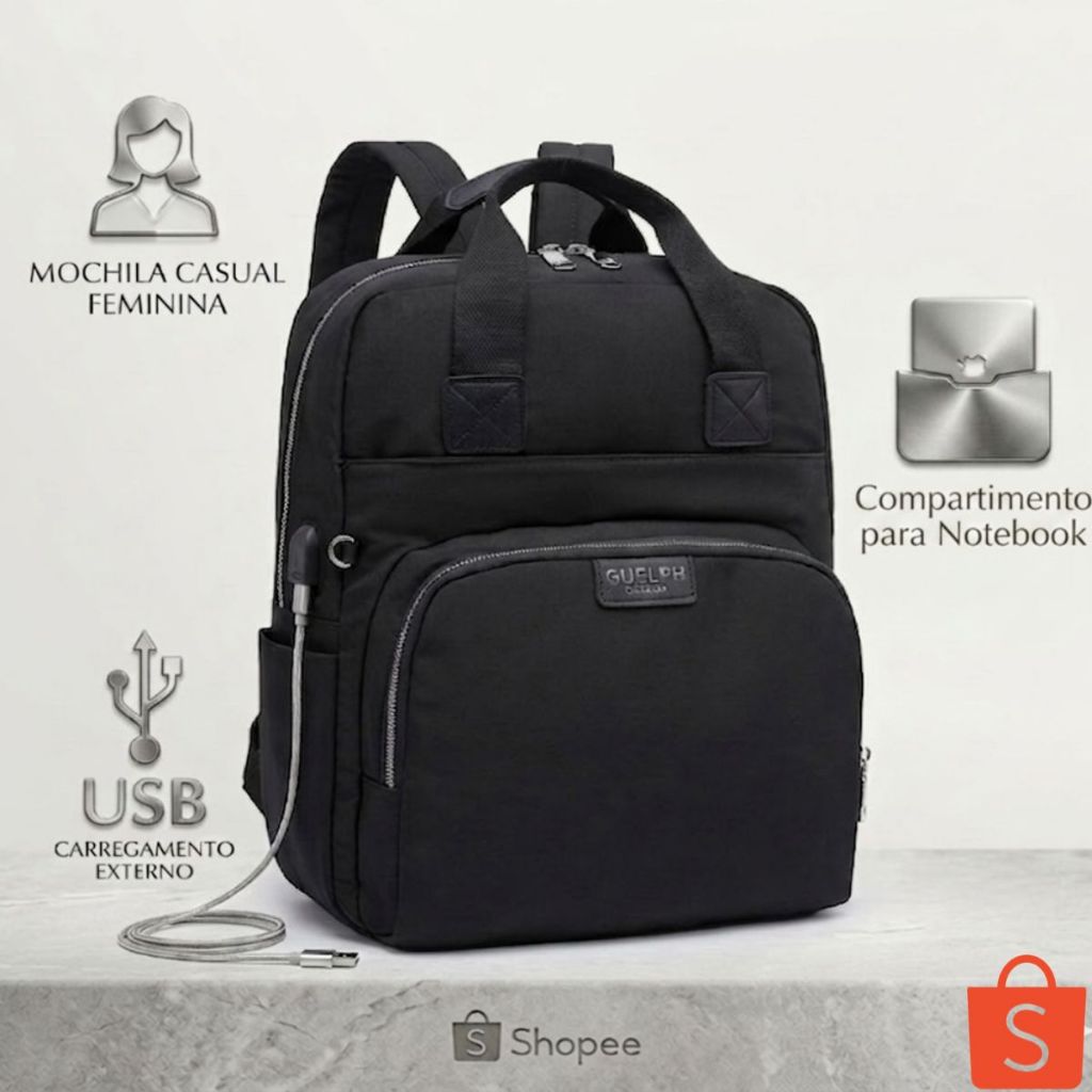 Mochila Feminina Reforçada Casual Guelph Resistente Notebook USB Dia a Dia Faculdade Trabalho Viagem