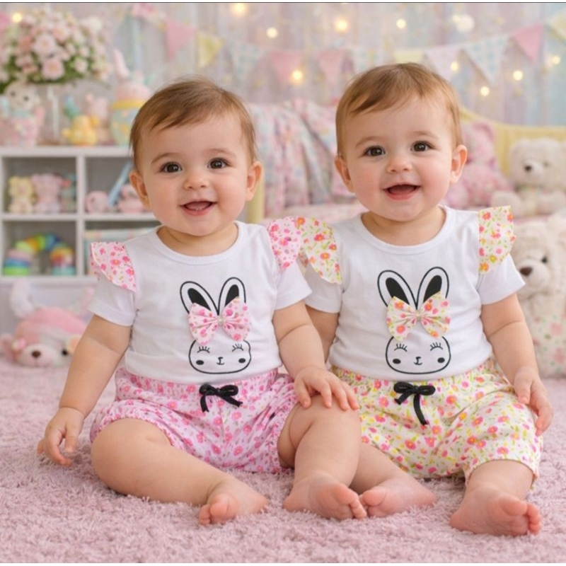 Conjunto para bebê menina 03 a 09 meses roupa para bebê camiseta e shorts para bebê 9 meses estampas variadas