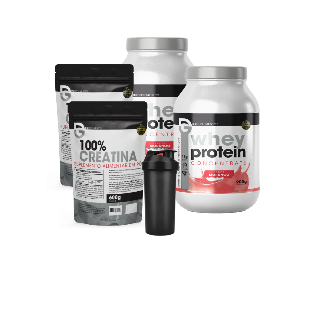 Kit 2x Whey Concentrado 900g + 2x Creatina Pura 600g + Coqueteleira - DG Labs