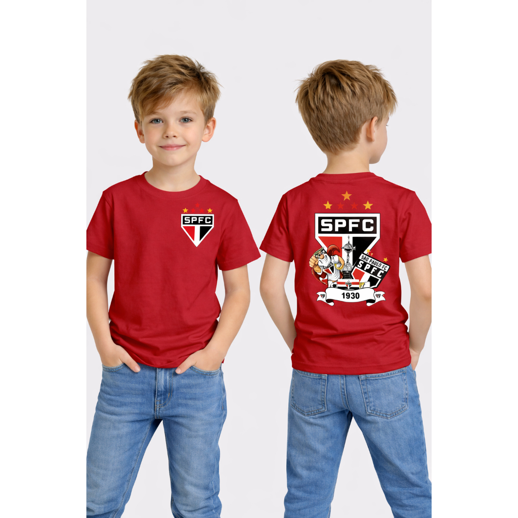 Camiseta Infantil Time Torcedor FC São Paulo Estampa Frente e Verso Camisa 100% Algodão Envio Rápido