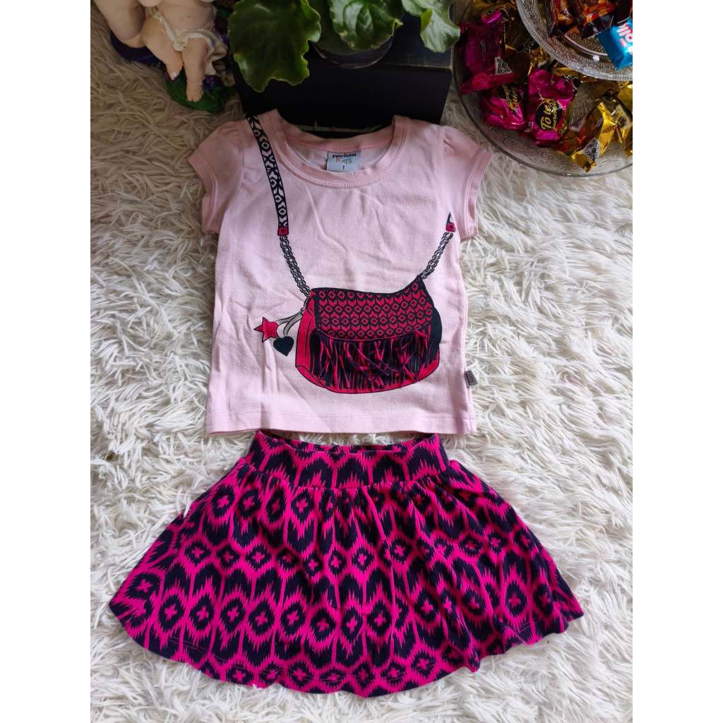 Conjunto Infantil Feminino, (Blusa Mc Rosa + Saia Pink Estampada), Tam: 1, Marca: Dmbauer