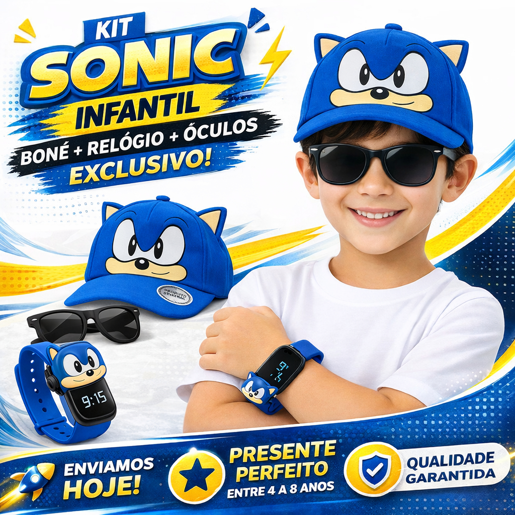 Boné Sonic Infantil – com Orelhinhas + Relógio Digital + Óculos | Presente Perfeito | Pronta Entrega
