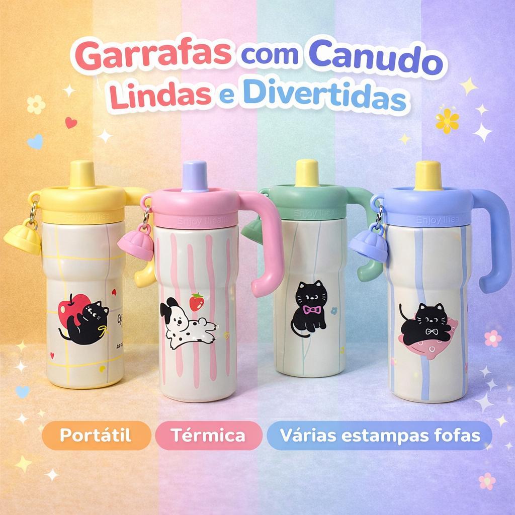 Garrafa Térmica Infantil 600ml com Canudo Alça e Pingente Portátil