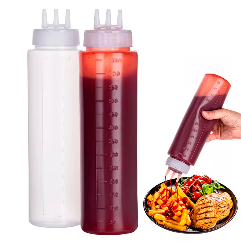 Kit 2 Bisnaga de Bico Triplo 3 Bicos Profissional Buffet 1 Litro 650 350ml Graduada Confeiteiro Molhos Caldas Ketchup