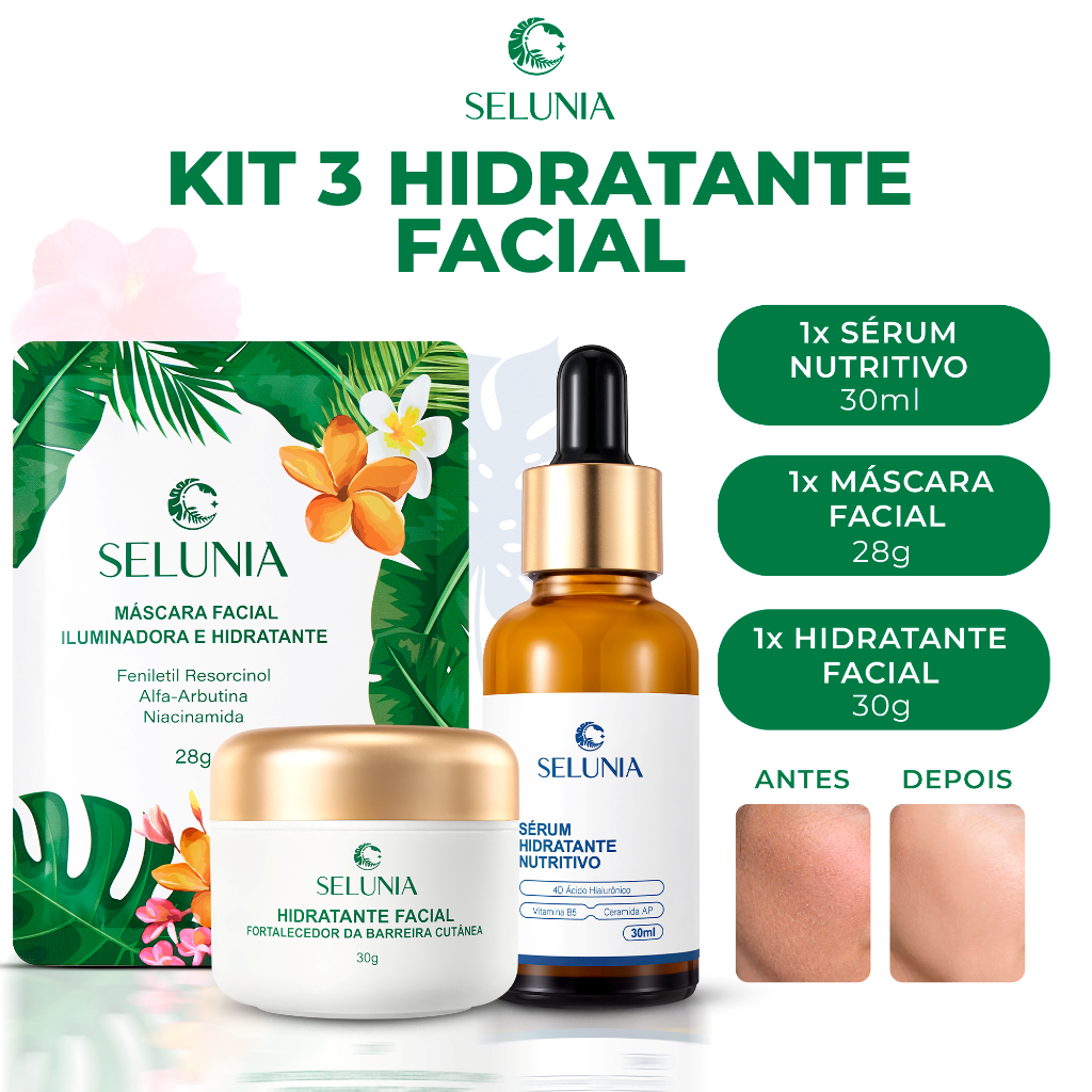 Kit 3 Skincare SELUNIA Facial: Máscara+Sérum+Creme Reparação Calmante Pós Sol Hidratação Barreira