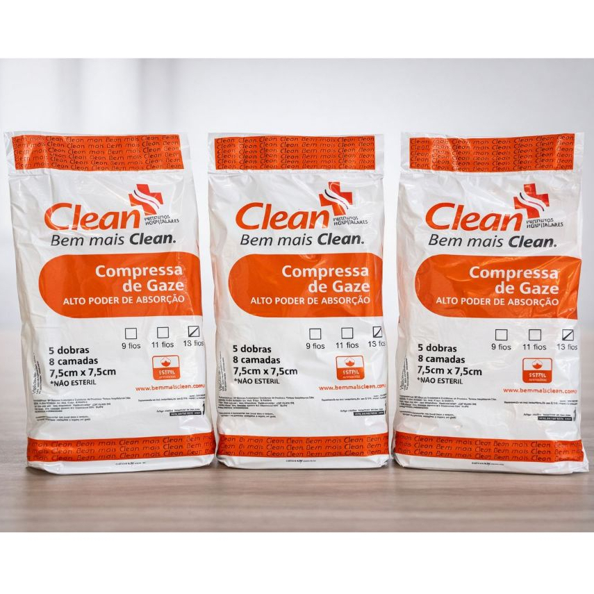 Kit com 3 Pacotes (1500 und) – Compressa de Gaze Clean 100% Algodão 13 fios - 7,5x7,5