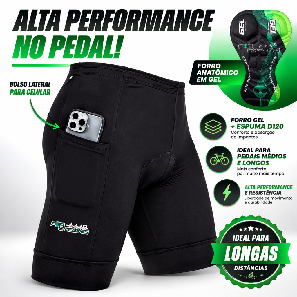 Bermuda Ciclismo Masculino Poliéster Alta Performance Short Forro Gel 3 Camadas Espuma Bike Pedal Ciclista Profissional