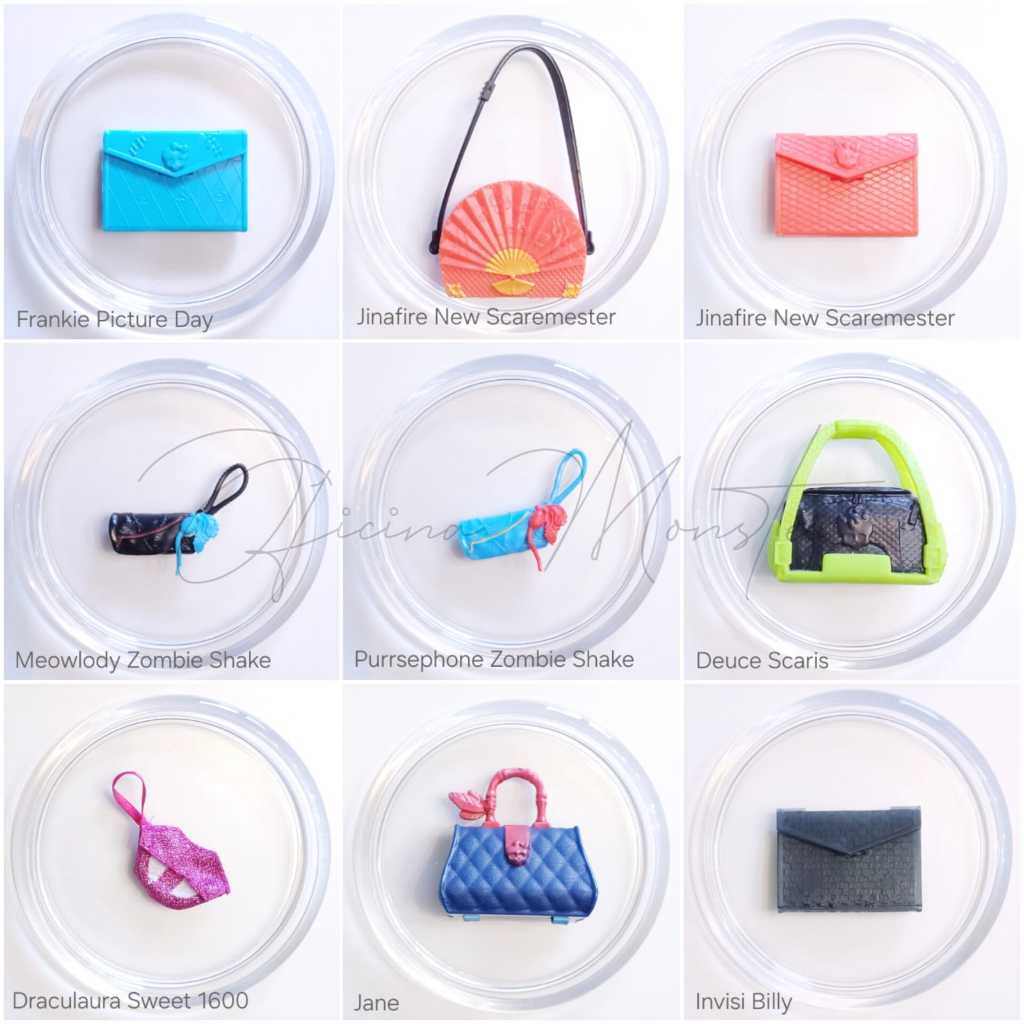 Acessórios Boneca Monster MH G1 28 - bolsa, pasta - Franie,Jinafire,Meowlody,Purrsephone,Deuce,Draculaura,Jane,Invisi B