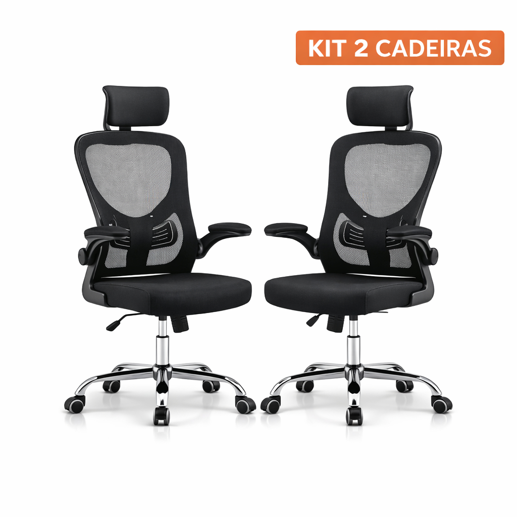 Kit c/2 Cadeiras Escritório Ergonômica Mesh Giratória Lombar  Reclinável Home Office Gamer Qualidade