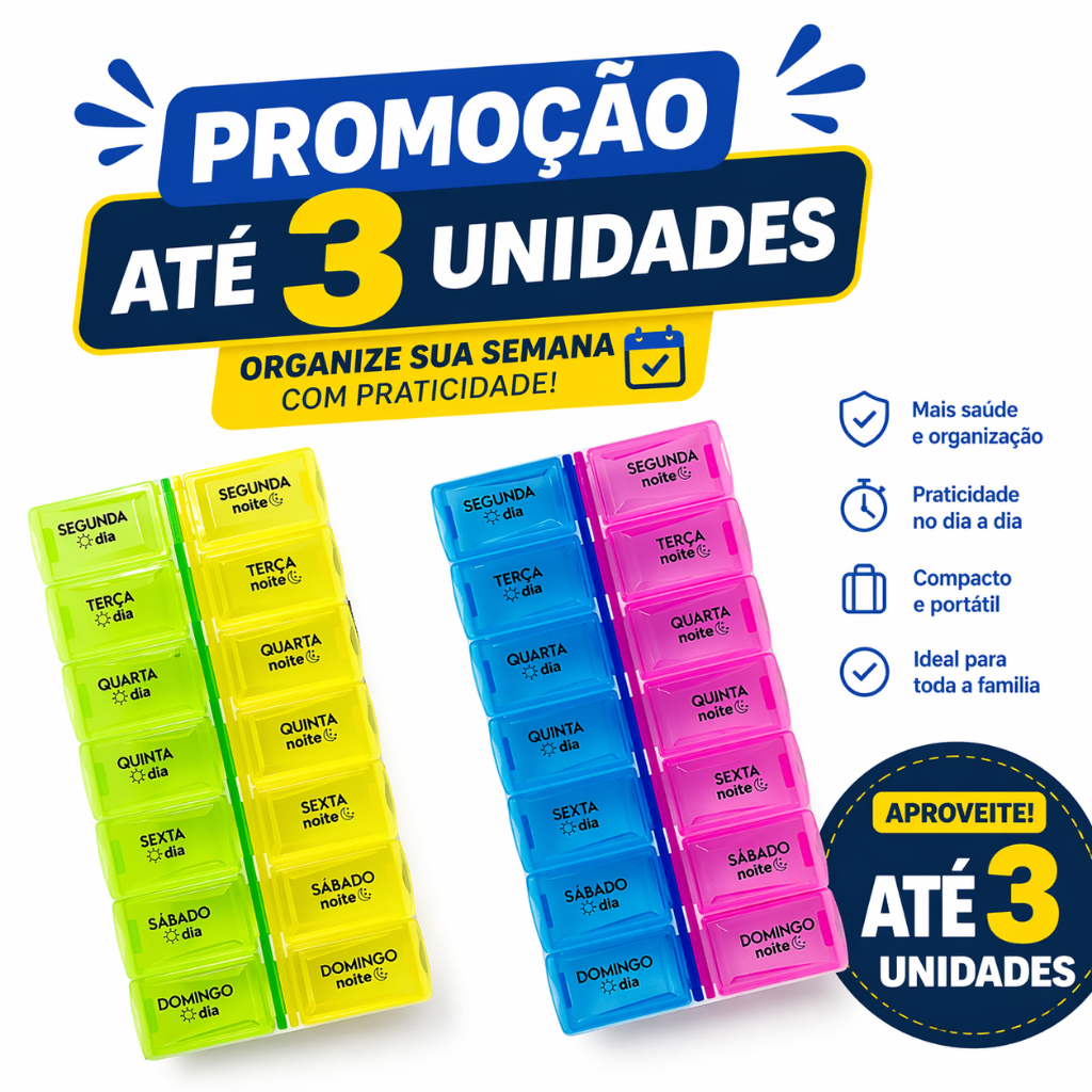 Porta Organizador De Comprimido 14 Dias Caixinha De Remédios Manhã E Noite 1 / 2 / 3 unidades