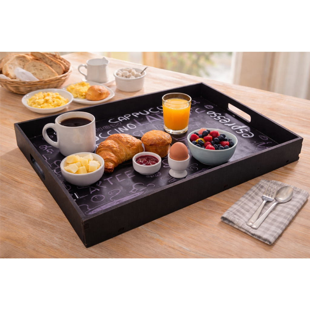 Bandeja Super Luxo Capuccino Coffee Porta Copos Xicaras Preta 35x25x4 Cm Mdf