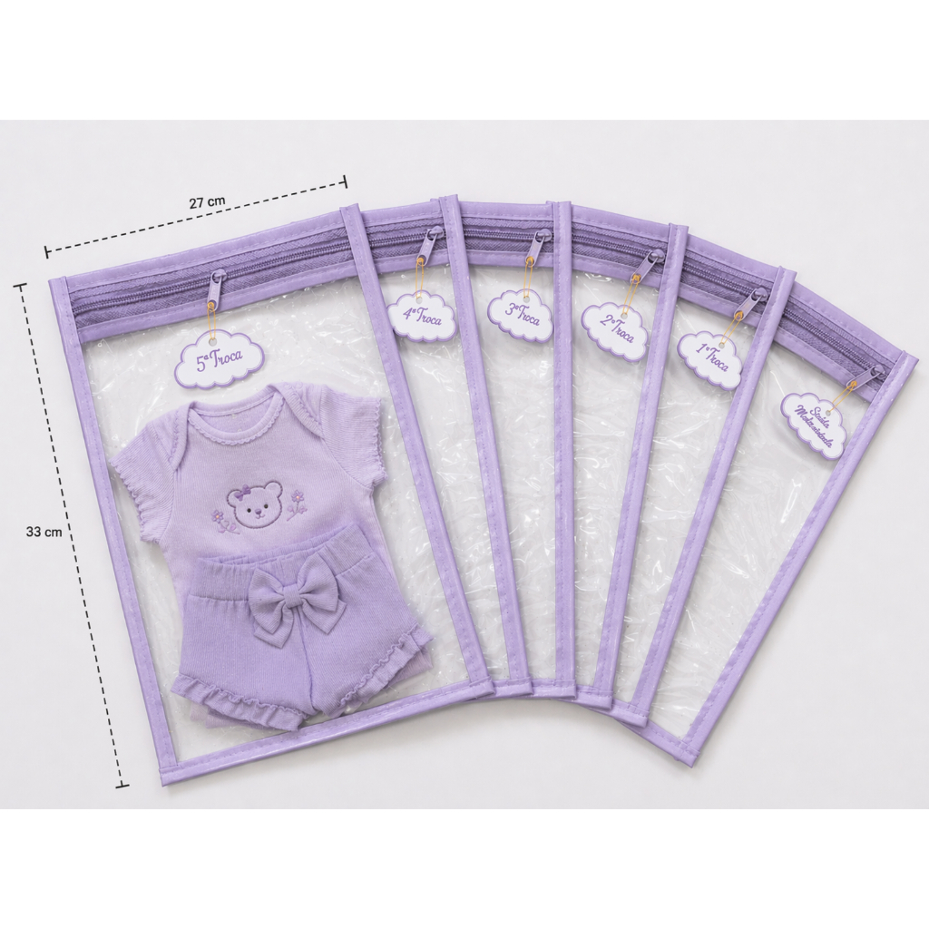 Kit 6 Saquinhos Maternidade com Zíper e Tag – Organizador Roupas Bebê e Mamãe 33 x 27 cm