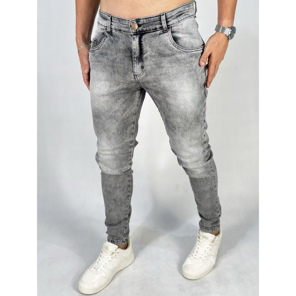 Calça Jeans Masculina Skinny Slim Estonada Cinza