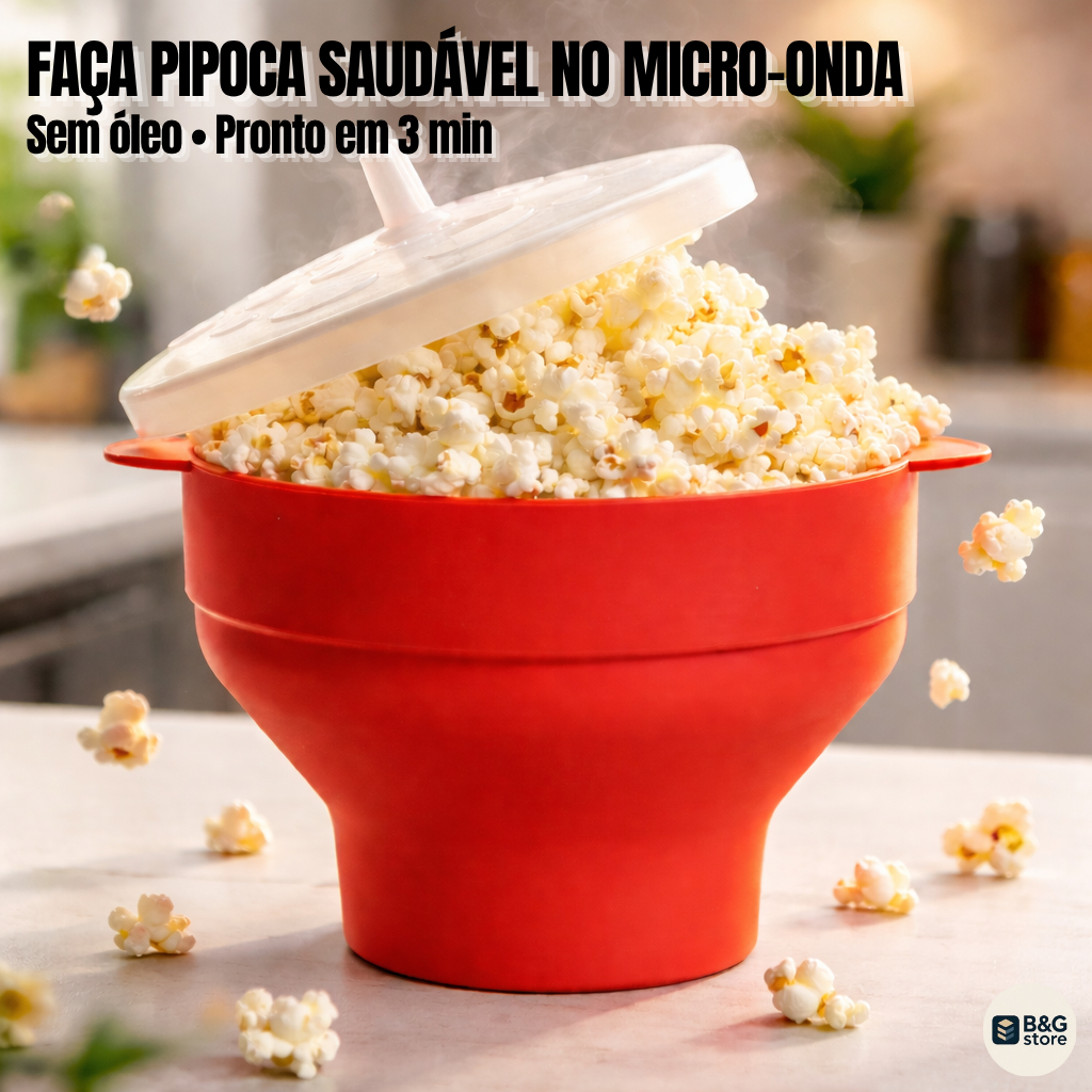 Pipoqueira de Silicone para Micro-ondas com Tampa Retrátil Sem Óleo Pipoca Saudável Bowl Portátil BPA Free  Grande