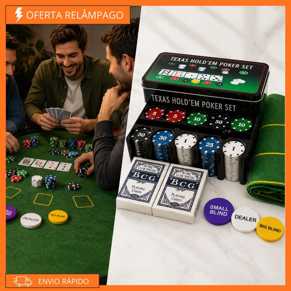 Kit Poker 200 Fichas Texas Hold'em Completo Com Feltro + 2 Baralhos Profissionais - Poker Iniciante