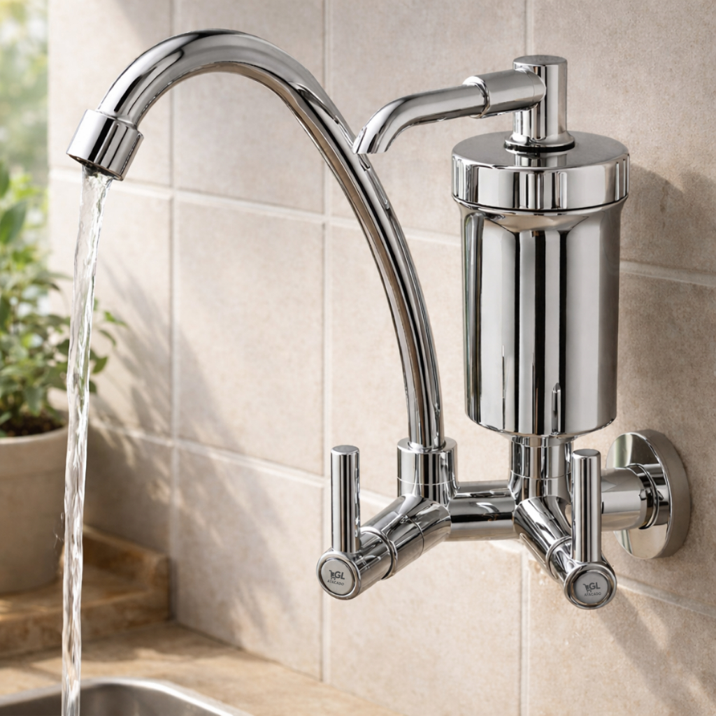 Torneira De Parede Com Filtro Cromada Gourmet Cozinha Bica Alta 360° Purificador De Água Luxo
