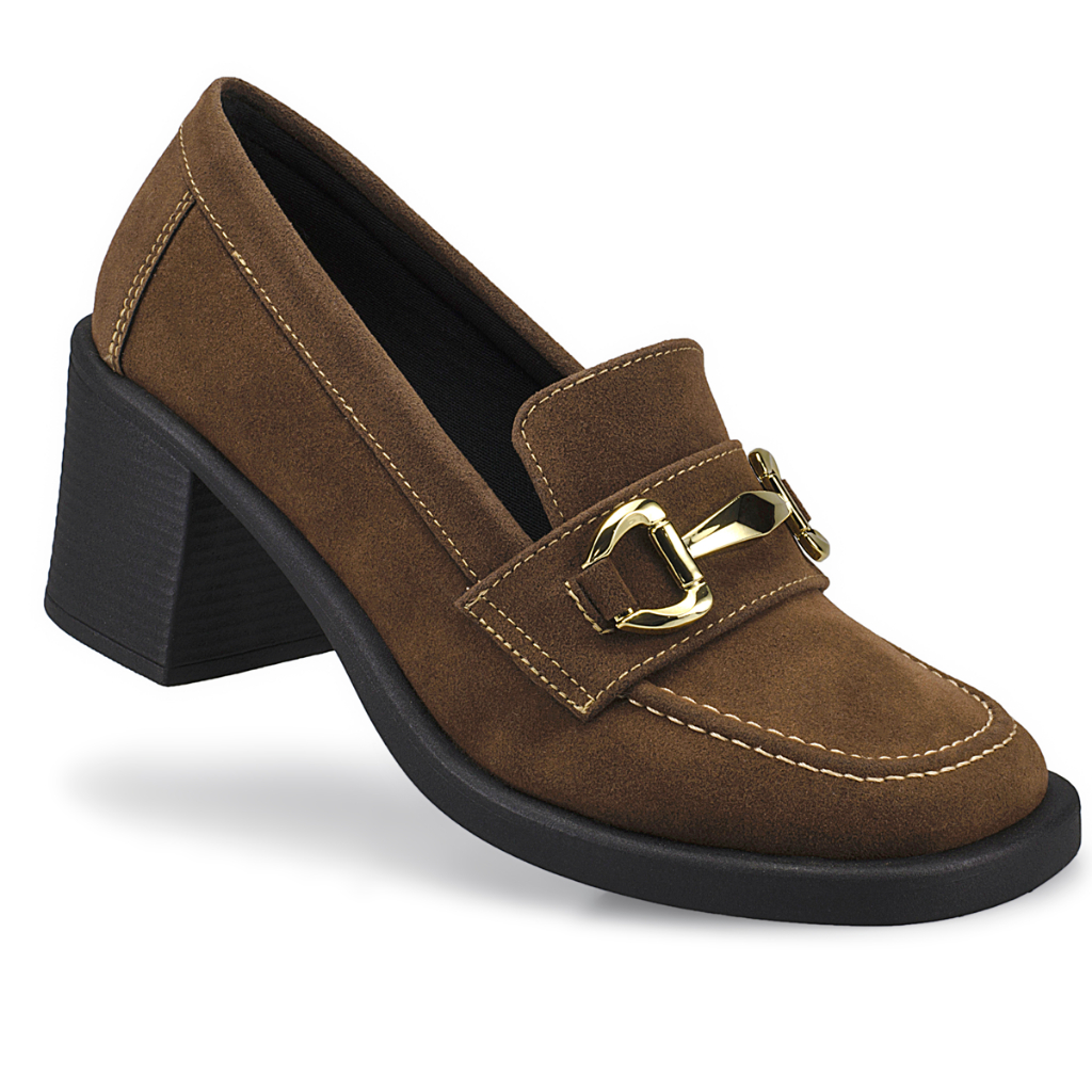 Mocassim Feminino Fivela Salto Bloco Médio Estilo Loafer Elegante Confortável 21