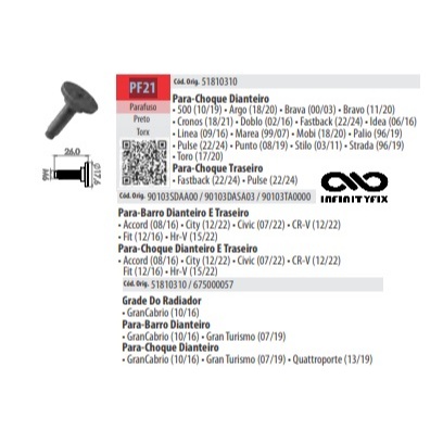 10 Parafusos do Para-choque CABEÇA TORX 500 10/18 Argo Brava Bravo  Cronos  Doblo Idea Linea