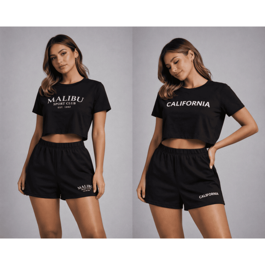 Conjunto Feminino T Shirt 100% Algodão Shorts Poliéster Preto Academia Camiseta Dia a Dia Fresquinho