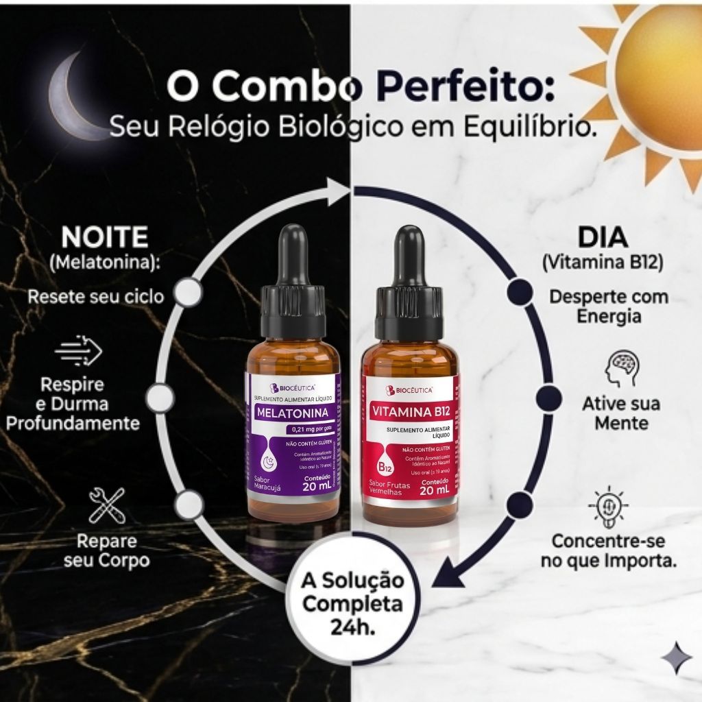 Combo Sono e Foco - Melatonina e Vitamina b12 -  dia e noite - 2 Frascos 40 ML