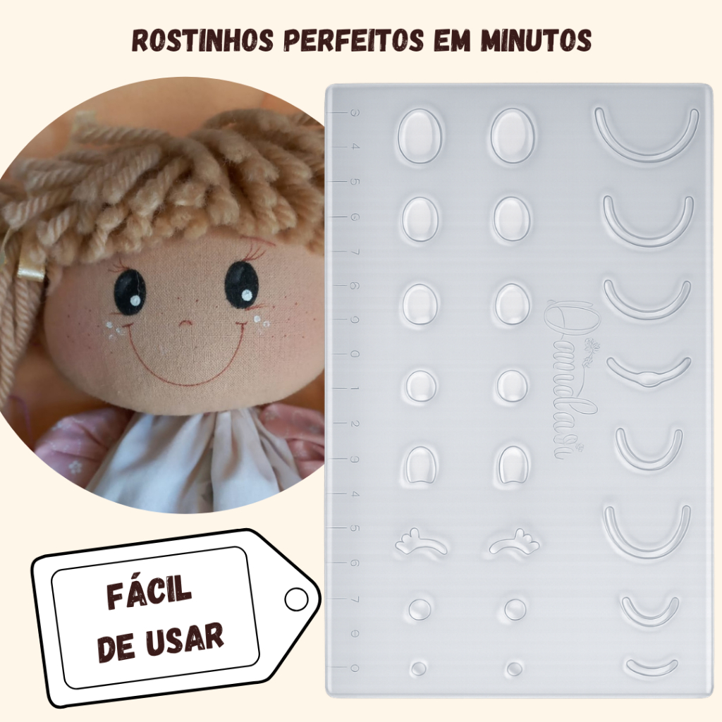Gabarito Stencil Rostinho Boneca de Pano | 8 Olhos e 8 Bocas | Régua de Simetria | Fácil e Preciso