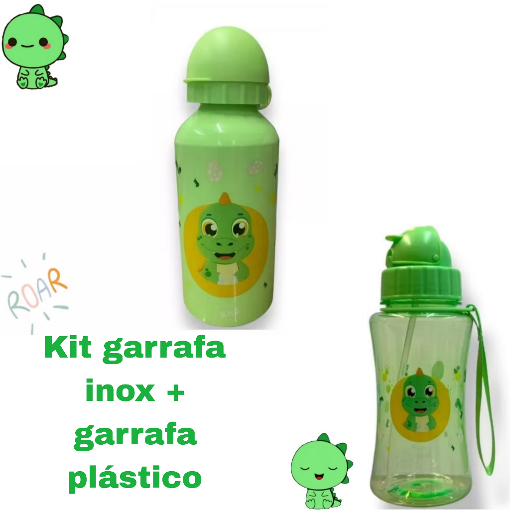 Kit Garrafa Alumínio Squeze Inox Infantil E Garrafinha Agua Infantil Garrafa Com Canudo Retratil De Silicone Dinossauro