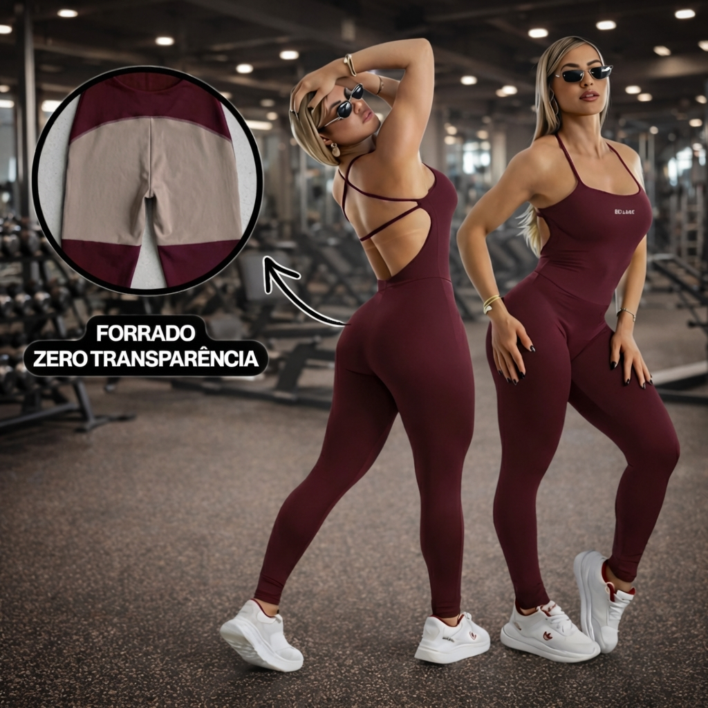 Macacão Academia Forrado Feminino Longo Fitness com Costas Abertas e de Alças Cruzadas em Suplex