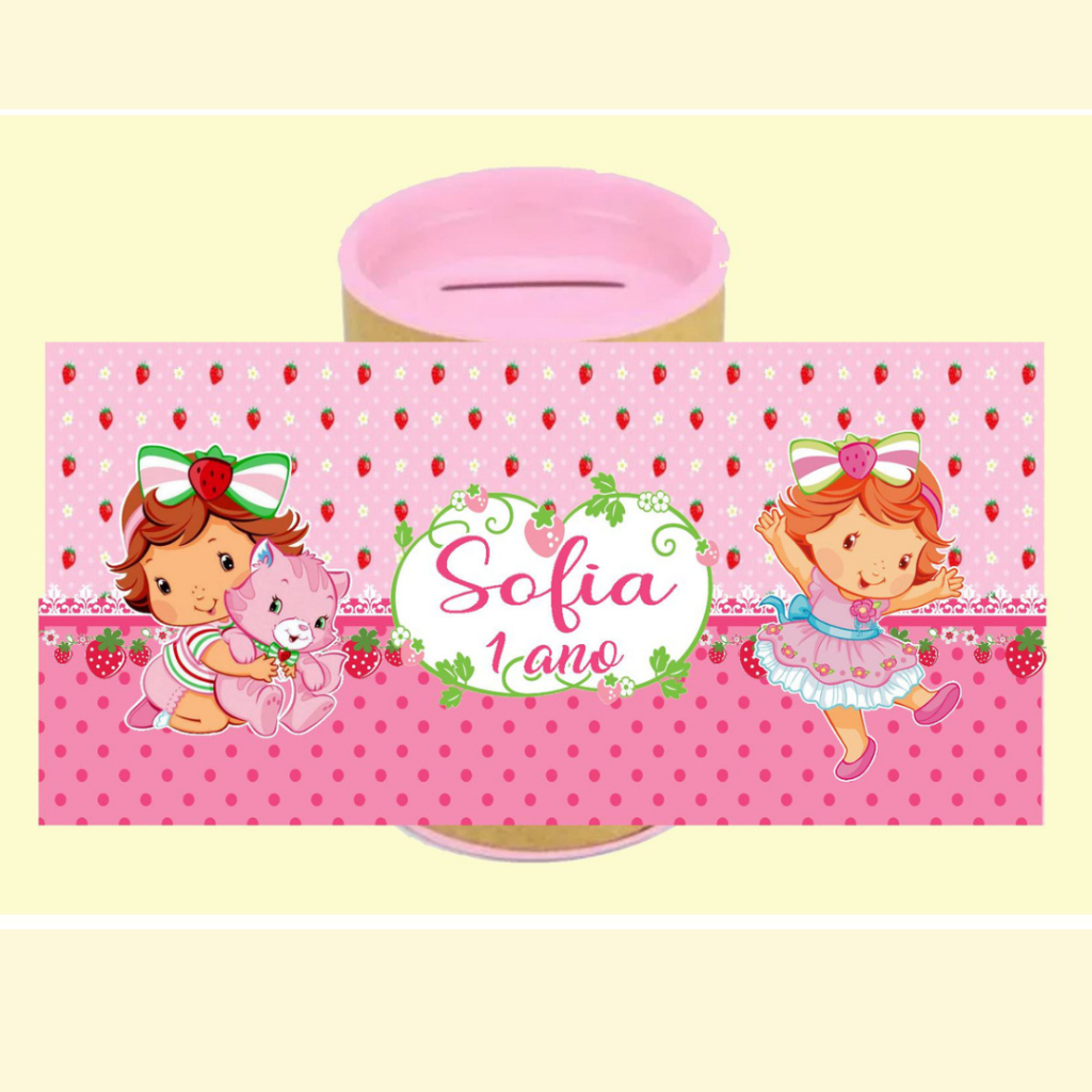 Adesivo para cofrinho Moranguinho Baby 10x6 / rótulo para cofrinho personalizado Moranguinho Baby
