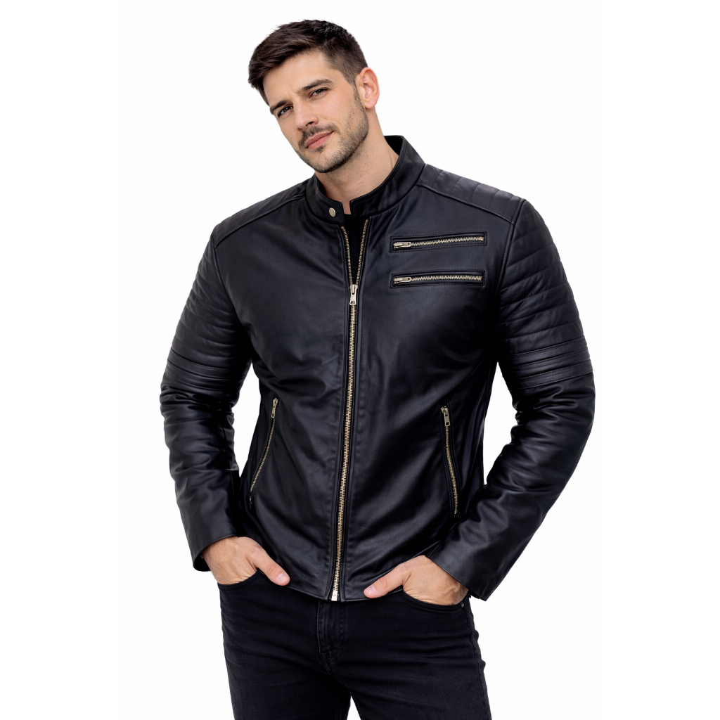 Jaqueta Masculina Couro Legítimo Preta Slim Fit Premium Zíper Prata Casual Luxo