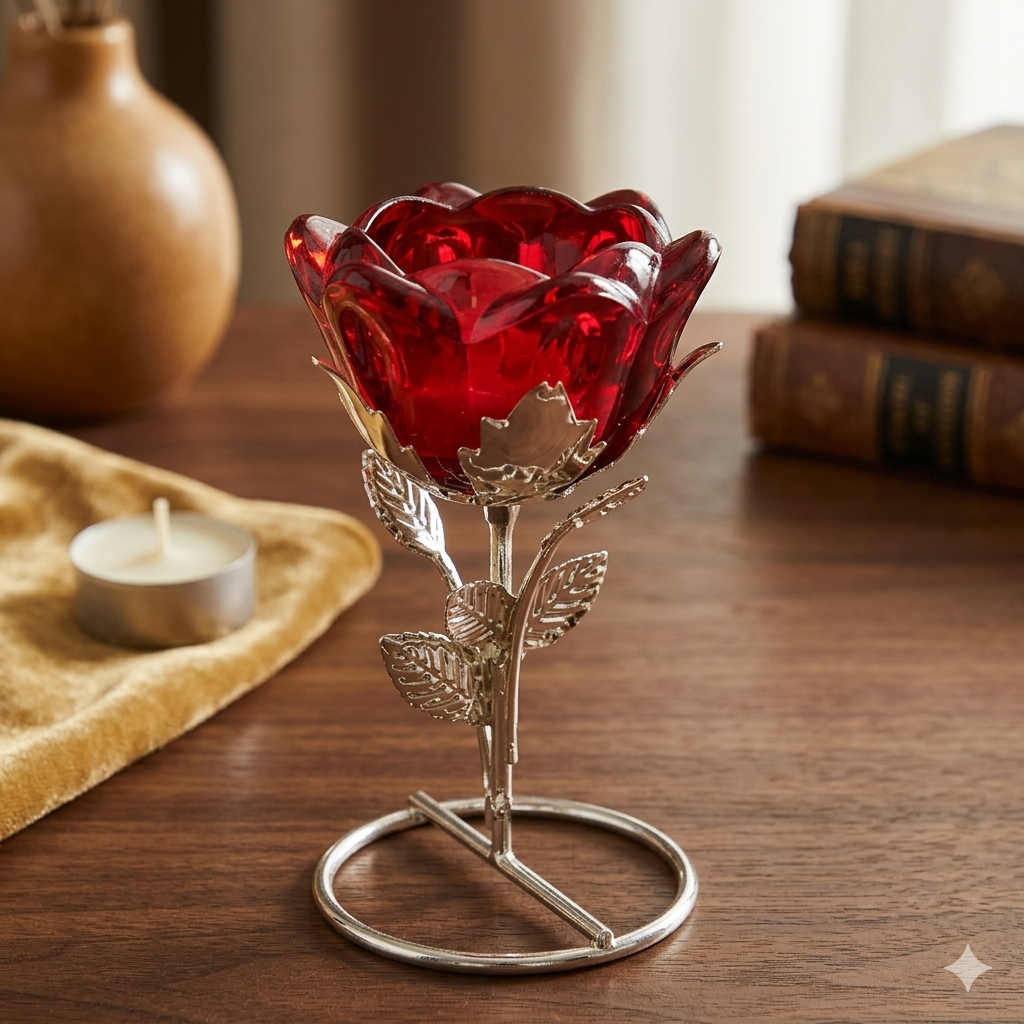 Castiçal Vermelho 13cm de Vidro Formato Rosas Porta Vela Decorativo Romântico Elegante Decoração Mesa