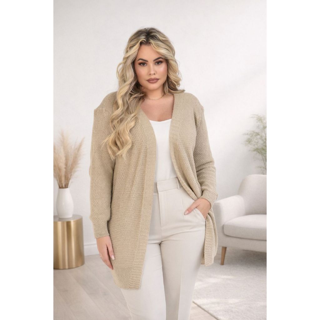 Cardigan Feminino Casaco Plus Size em Tricô Manga Longa Alongado Casual Outono Inverno