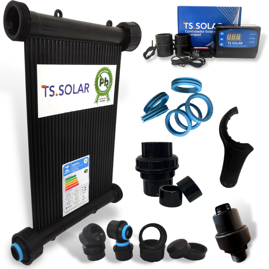 Kit Aquecimento Solar Piscina 5.500L TS Solar 7 Placas 2m + Kit Instalação + Controlador + Válvulas