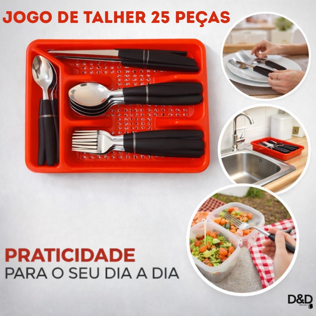 Jogo Talheres Inox Premium 25Peças com Suporte Gaveteiro Cozinha Completo Durável Elegante Cor Preta
