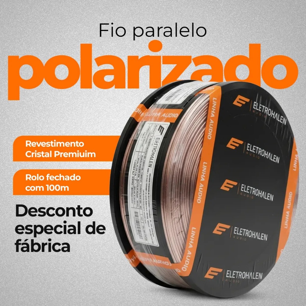 Cabo Fio Paralelo Cristal 2x1,5mm Rolo 100m Som Automotivo Home Theater Polarizado Halen Inmetro