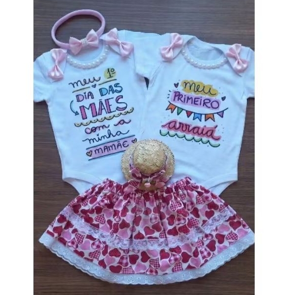 kit Body bebê Menina dia das mães e festa Junina Conjunto Kit com 5 peças Meu primeiro dia das mães meu primeiro arraiá