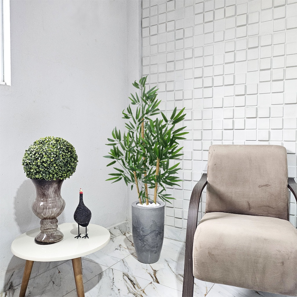 Arranjo Artificial Bambu Com Vaso Cone Mármore Pedra Decoração
