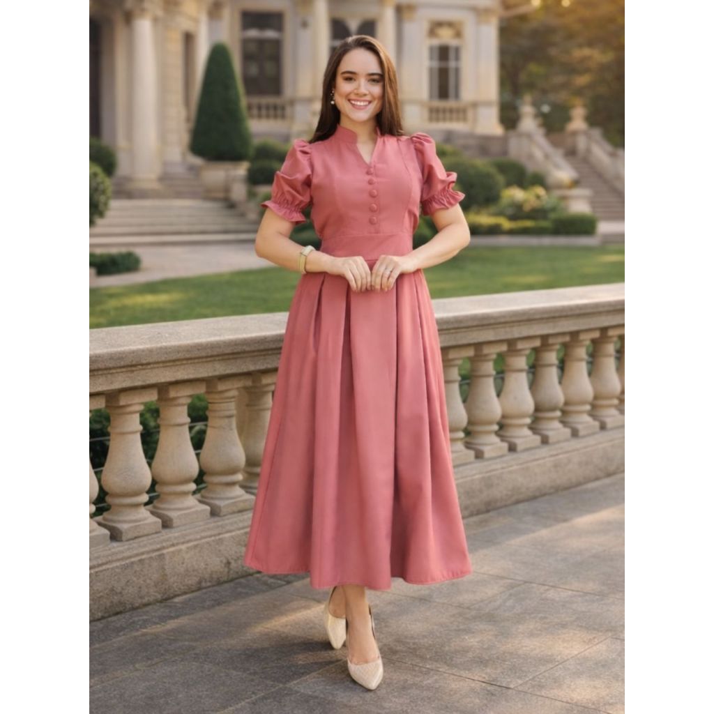 Vestido Midi Moda Evangélica Feminino com Botões Frontais Lastex na Cintura Elegante e Confortável