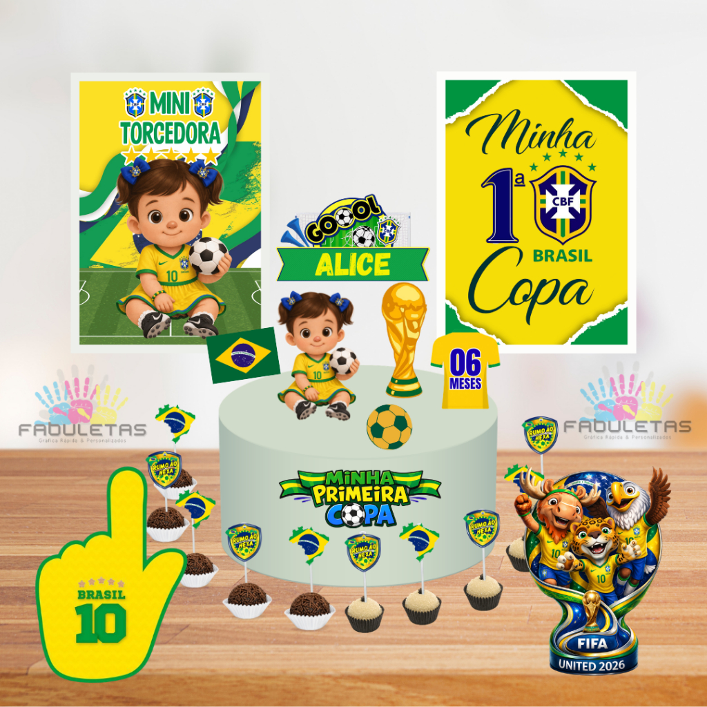 Kit Festa Só Um Bolinho COPA DO MUNDO BRASIL MENINA Enviar Nome/Idade IMEDIATAMENTE