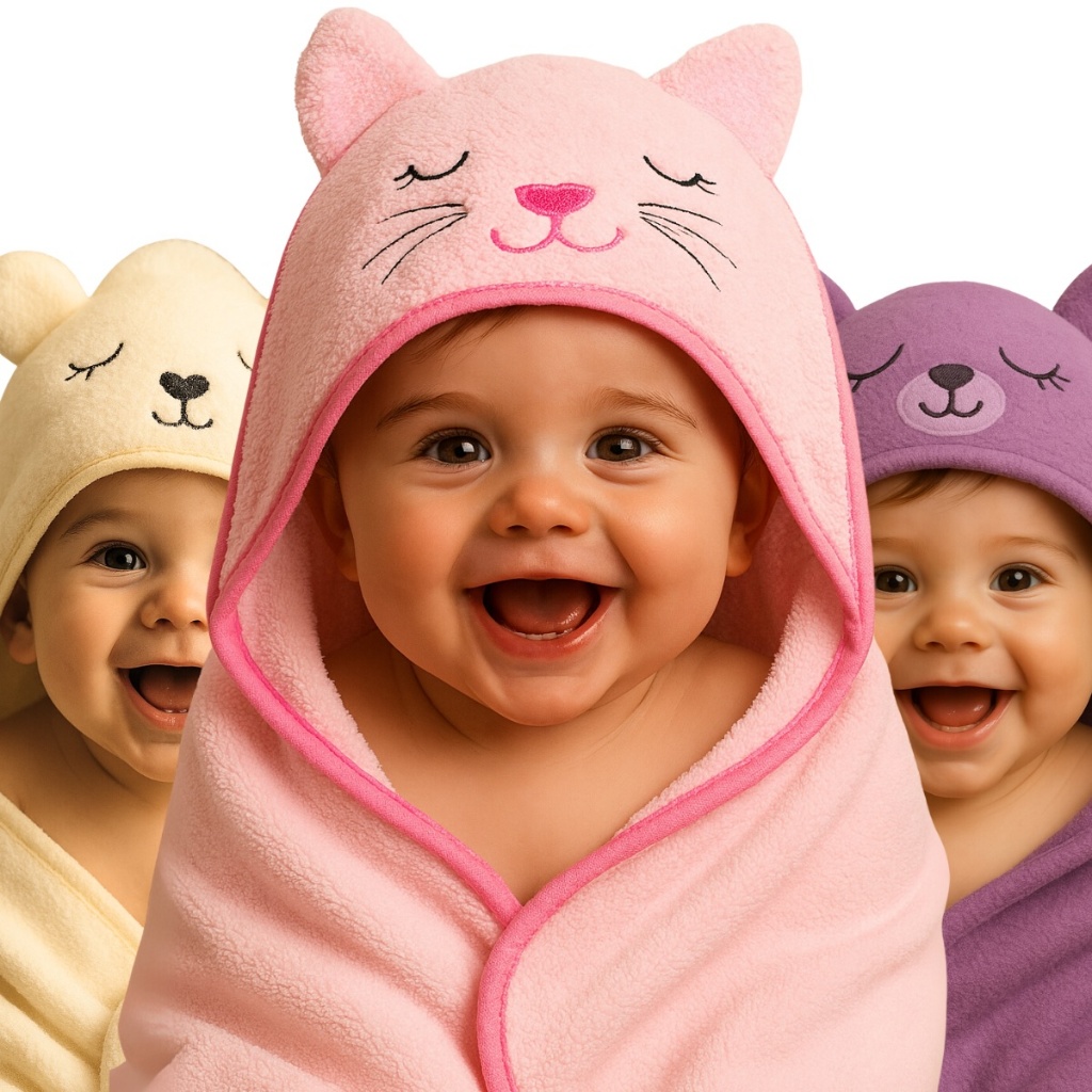 Kit 3 Toalhas Banho Bebê Capuz Bordado Forrada Soft Fleece Macio