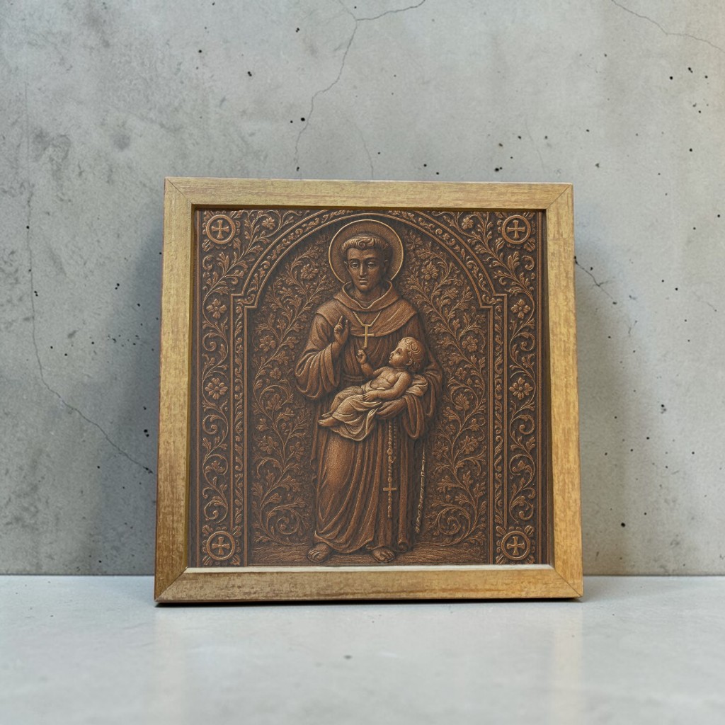 Imagem São Benedito quadrinho estampado 15cm adorno de mesa, moldura madeira, vidro de proteção e estampa premium