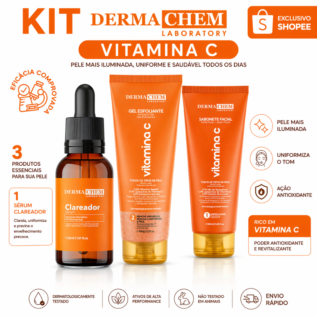 Kit Skin Care Clareador Vitamina C Dermachem Autocuidado Limpeza Facial Sabonete Esfoliante Serum