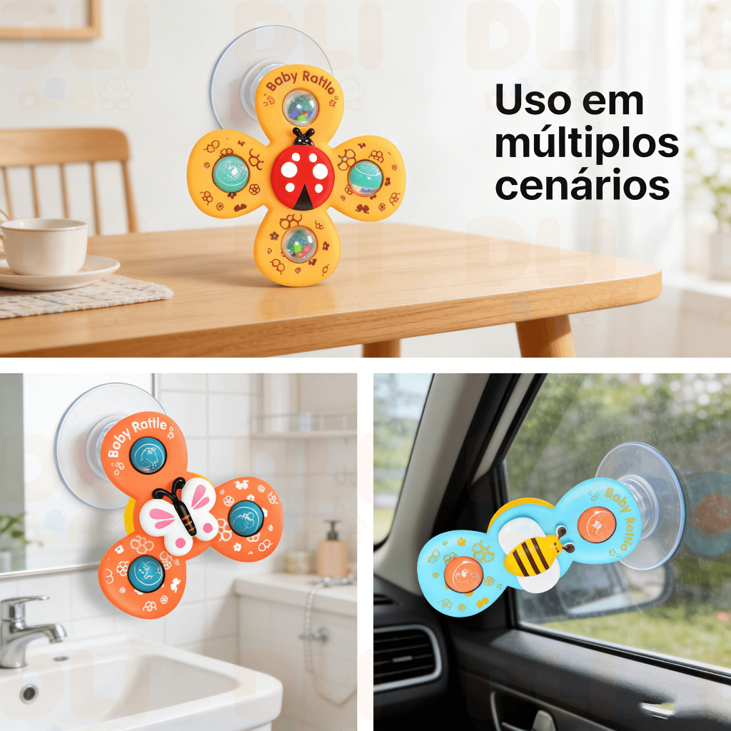 DLI Kit 3 Brinquedo Sensorial para Bebê - Ventosa Adesiva Gira Spinner Atividade Educativa