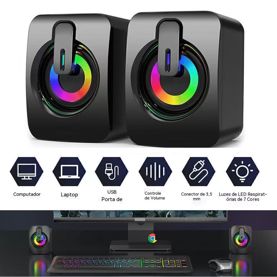 Caixa de Som Gamer RGB USB Potente para PC e Notebook Áudio Estéreo 2.0 com Controle de Volume