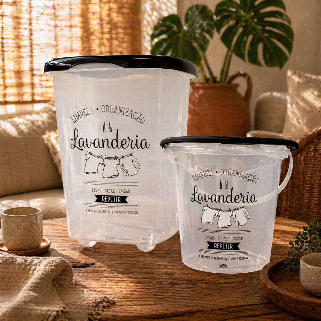 Escolha seu Item Balde e Cesto de Roupas ou Kit para Lavanderia - Limpeza e Organização, Design Moderno e Compacto