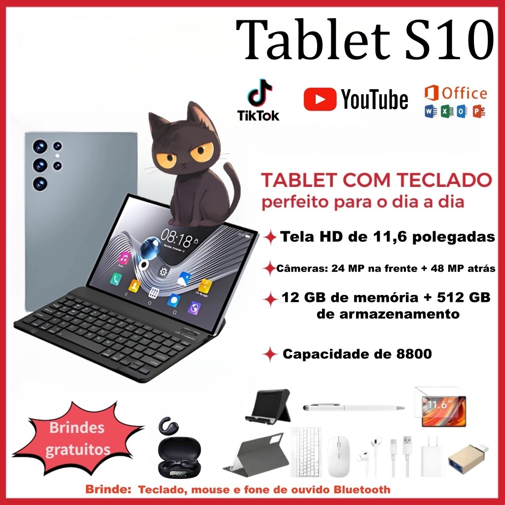 Tablet  S10 12 GB de RAM + 512 GB de ROM Tela HD de 11,6 polegadas Android5G