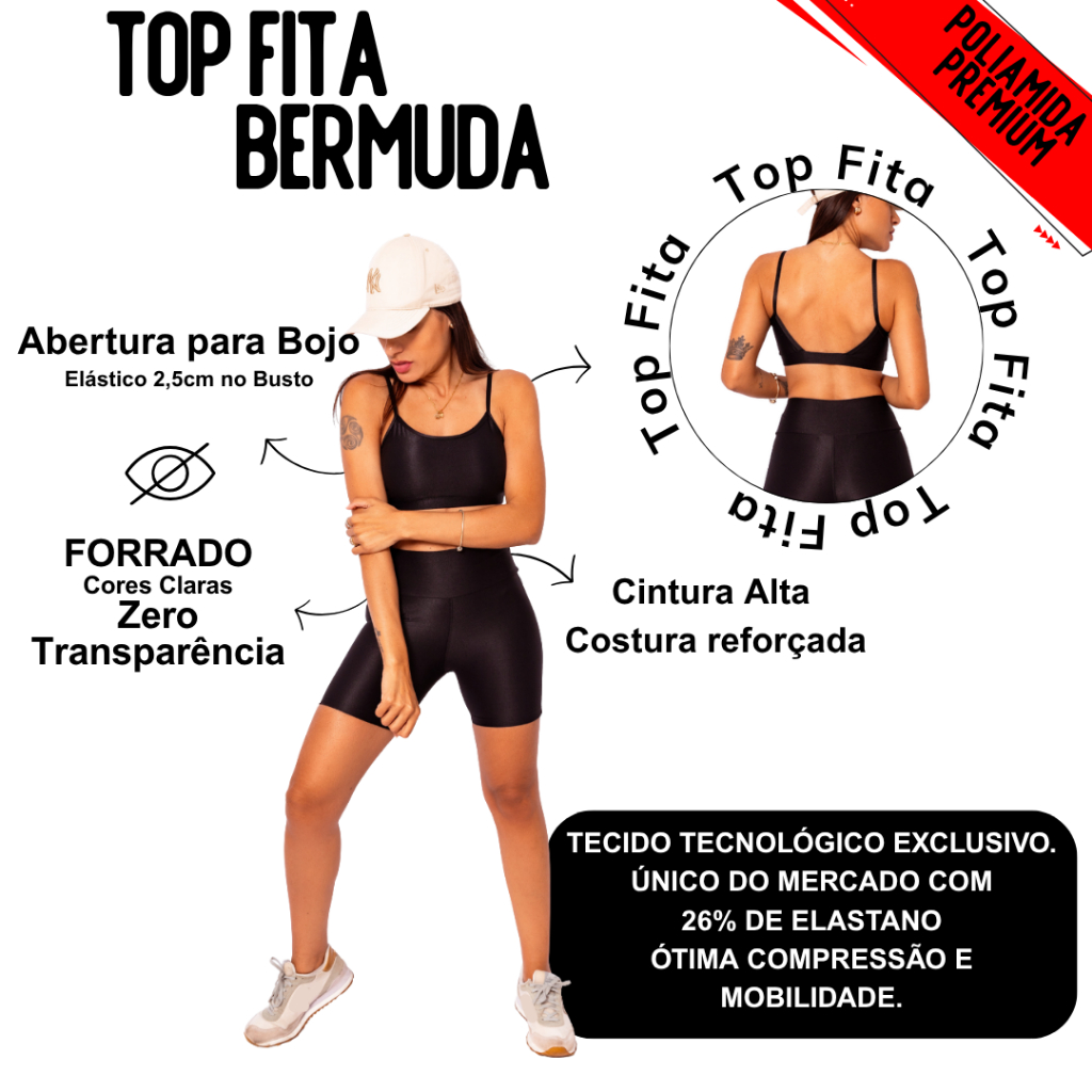 Conjunto Top Fita Costas + Bermuda Meia Coxa Abertura Bojo Micro Canelado Costura Reforçada