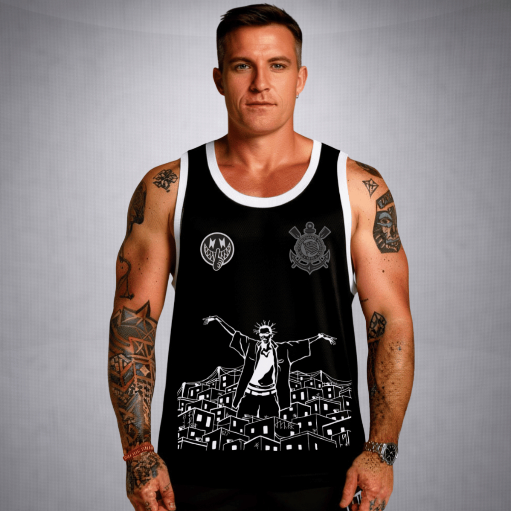 Camiseta Regata Dry Fit Masculina - Modelo Corinthians Sabotagem Academia Corrida Cross Fit